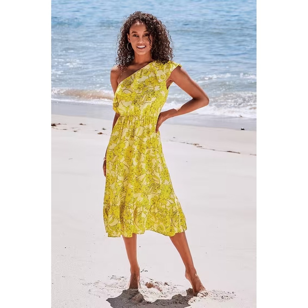 Cupshe Floral One Shoulder Dress Ruffle Midi Summer Casual Yellow‎ Dress XL